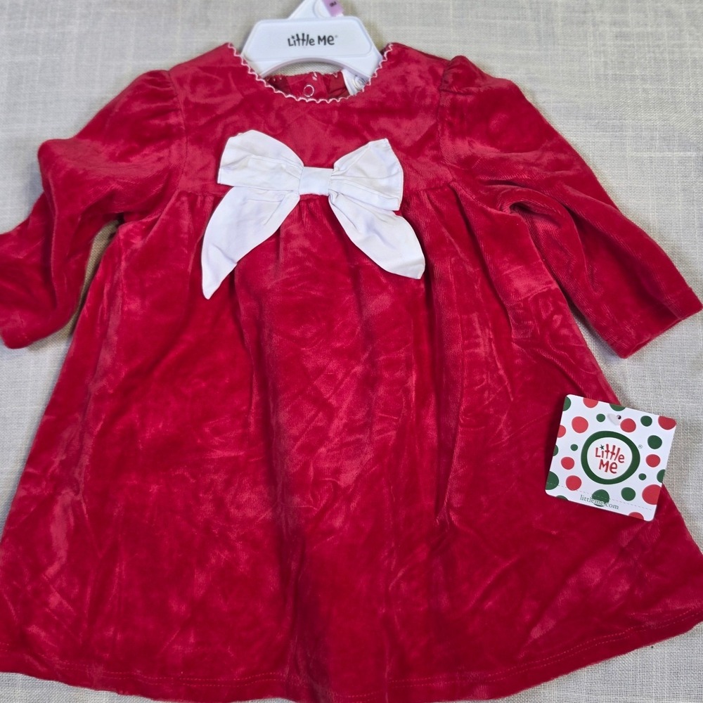 Little Me Baby Girl Red Velour Holiday Dress White Bow LCU14345N 9 Months O $40